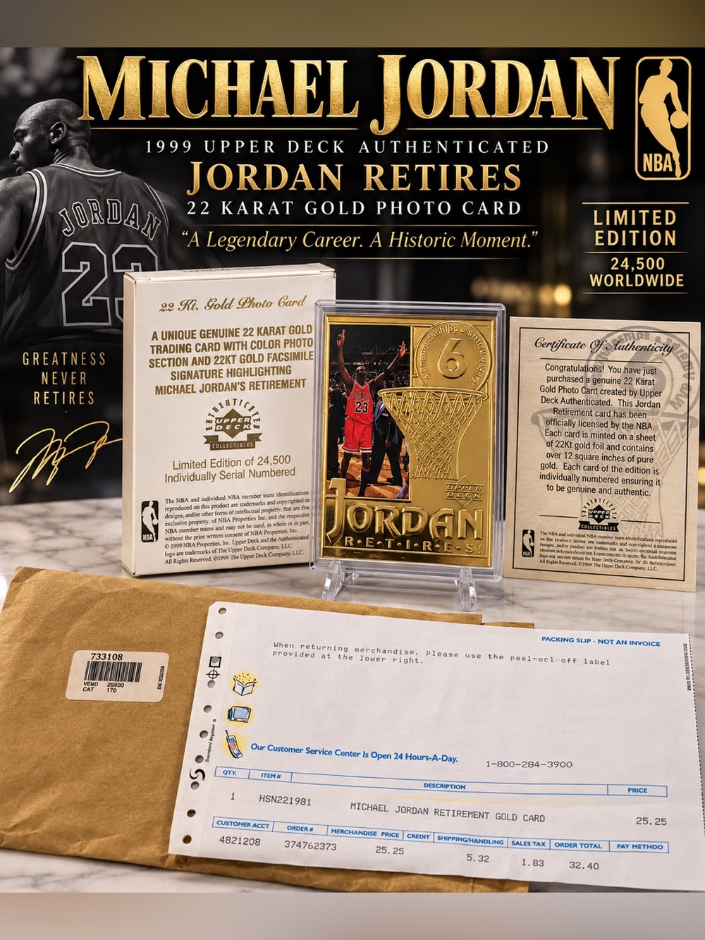 Limited Edition #6213 🏀 Jordan 22K Gold Retirement Photo Card - 1999